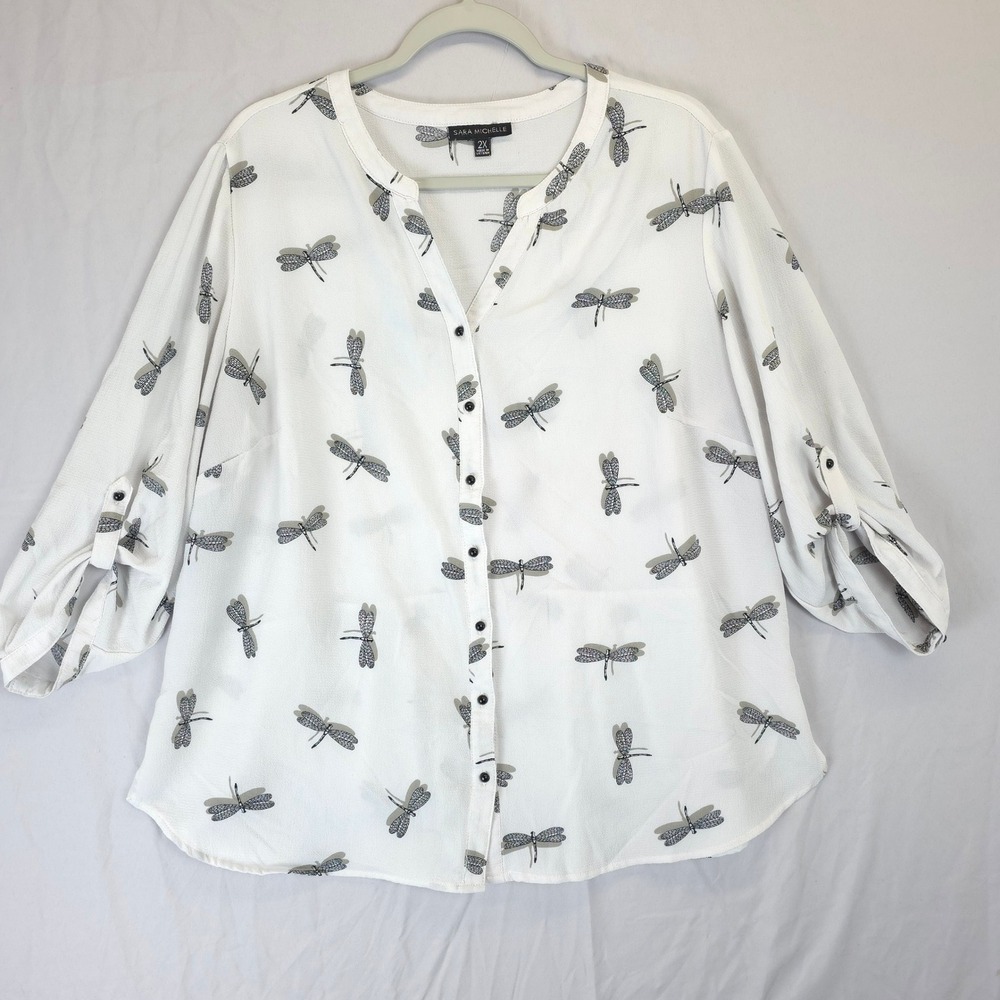 Sara‎ Michelle Dragonfly Blouse 2X Ivory Button Front Roll Tab Sleeve Top Causal